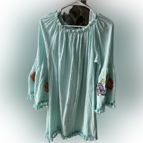 VELZERA Off The Shoulder Embroidered Turquoise Blue Tassel Dress or tunic Sz 1X - Picture 7 of 15